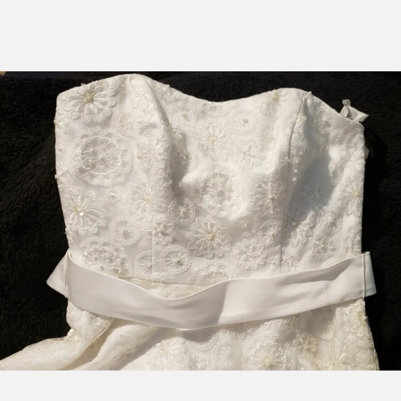 David's Bridal 10042334 size 6 White Strapless lace tea length Wedding Dress - Picture 6 of 16